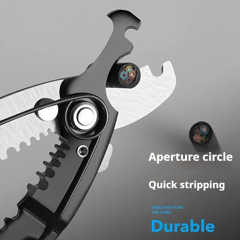 Fully automatic wire stripping pliers tool with a metal body on a white background.