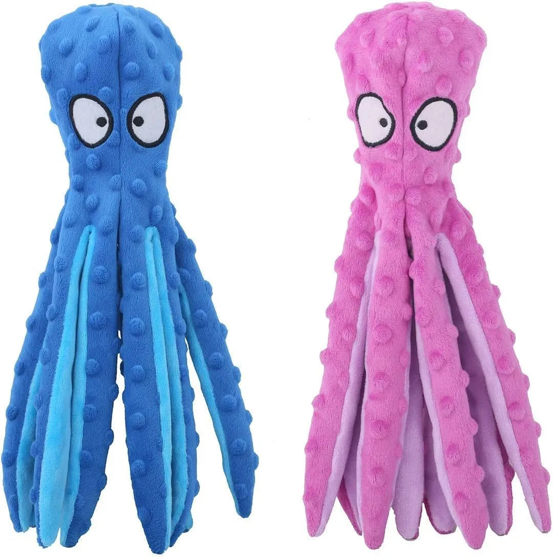 Blue octopus-shaped plush dog toy with crinkle paper and squeaker features on a plain background.