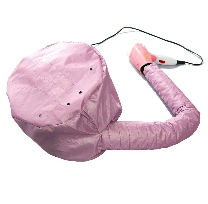 Pink hair dryer bonnet hood attachment with elastic tube and drawstring cord