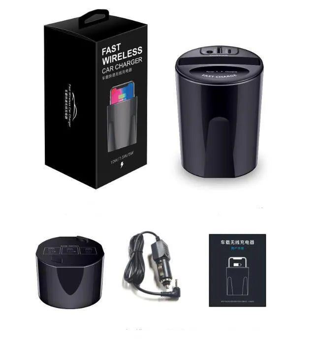 Black X9 car wireless charging cup holder mount with QI charging surface and USB/Type-C ports