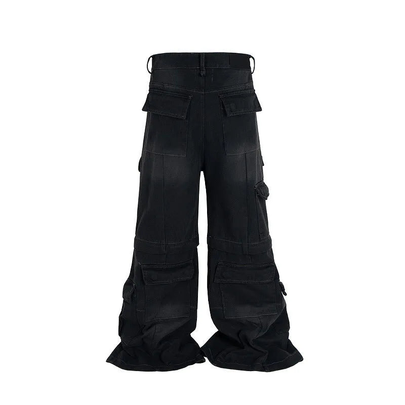 Detachable washed-out multi-pocket cotton overalls in blue, showing zip placket and pockets.