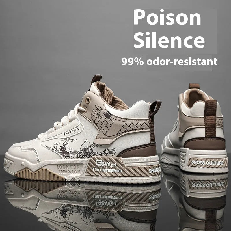 Men's beige high-top lace-up board shoes with a cloth upper and rubber sole on a white background.