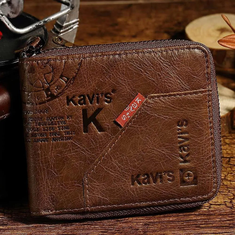 Soft genuine leather men's wallet with zipper closure showing internal compartments in coffee colour