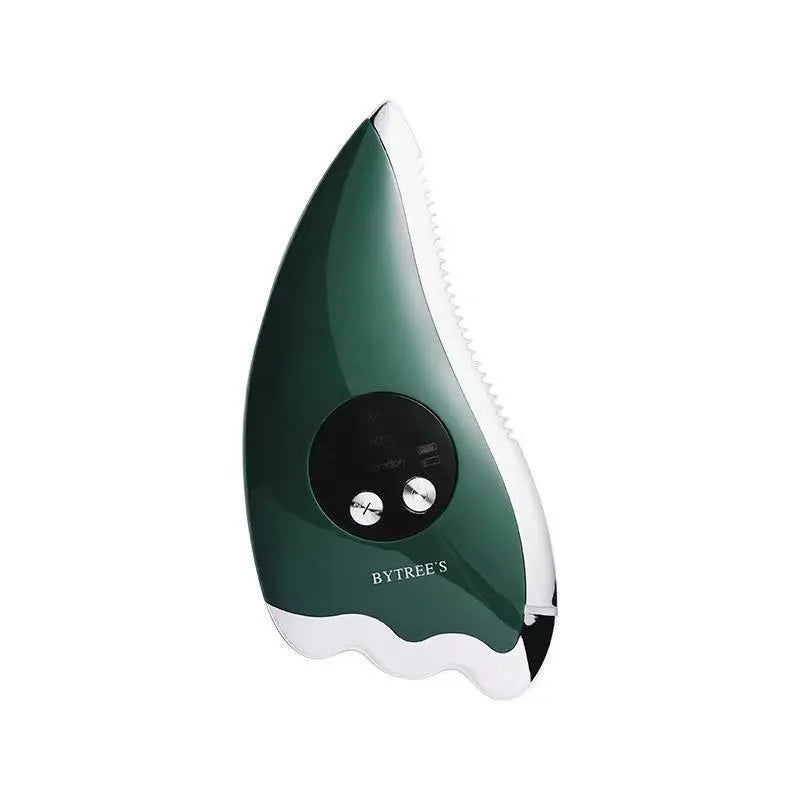 Green facial beauty instrument with vibration, hot and cold modes, and EMS micro current on a table