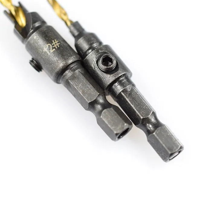 Five hexagon shank titanium plated countersink drill bits with sizes 5 to 12 mm and a small wrench