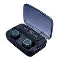 Black M11 style wireless Bluetooth headset with IPX7 waterproof rating and charging case featuring a phone holder.