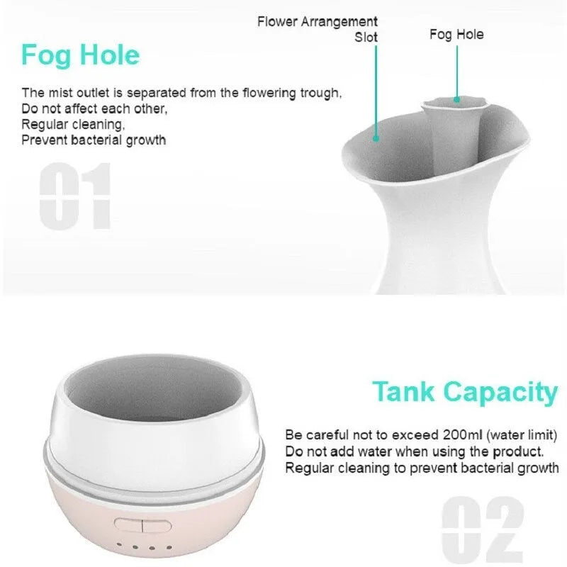 White ultrasonic humidifier and essential oil diffuser with colourful LED night light and 200ml water tank