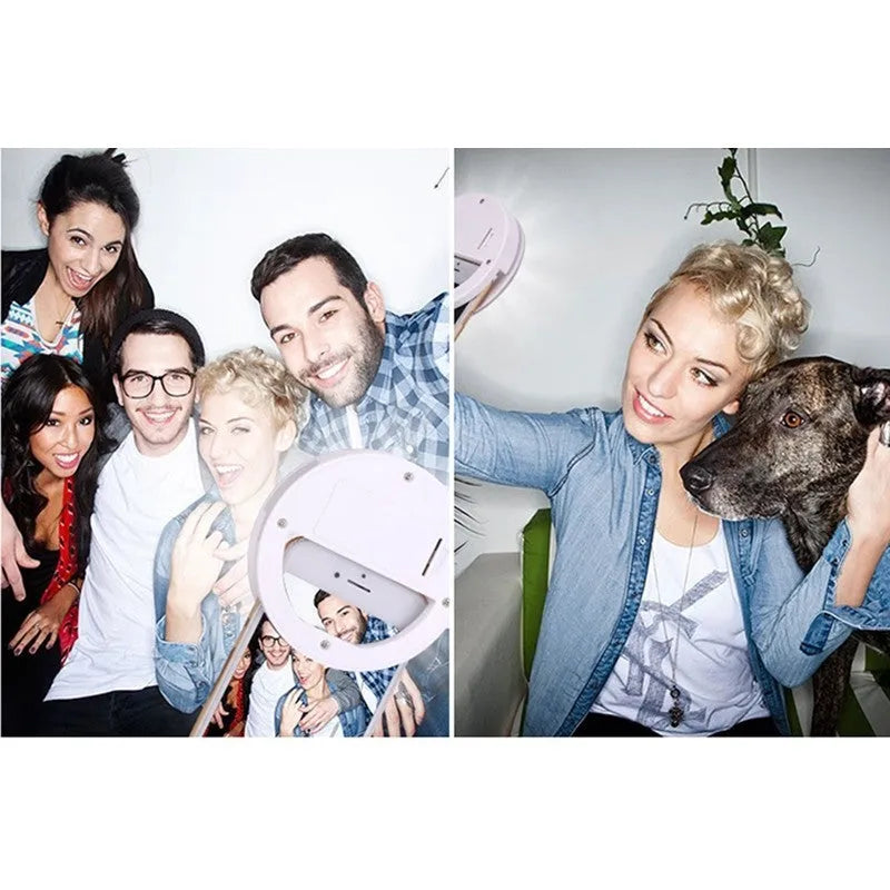 Clip-on selfie ring light with LED bulbs attached to mobile phone for photography