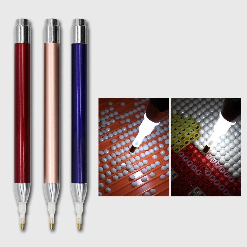 Luminous drill pen for diamond painting with aluminium alloy construction and single-head design in blue, gold, or red