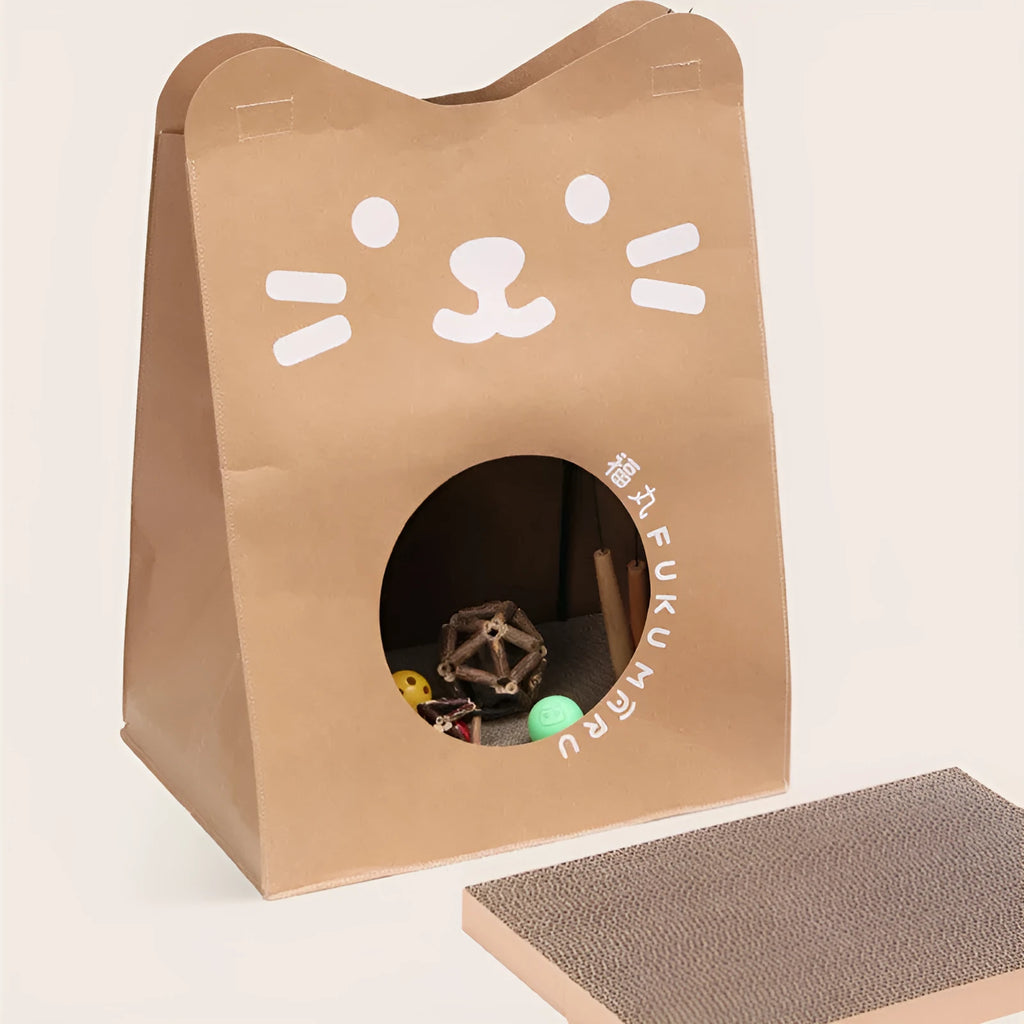 Brown washable kraft paper cat scratching board integrated with enclosed cat nest measuring 40x30x53 cm