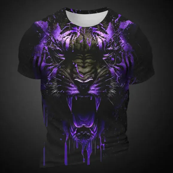 Men's grey T-shirt with a detailed 3D tiger head graphic printed on the front.