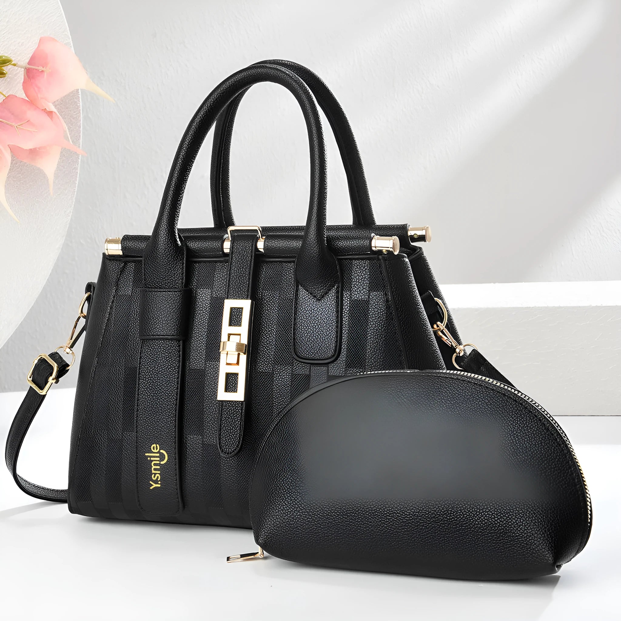 Round black PU crossbody shoulder bag with a long strap, showing its size and polyester-lined interior.