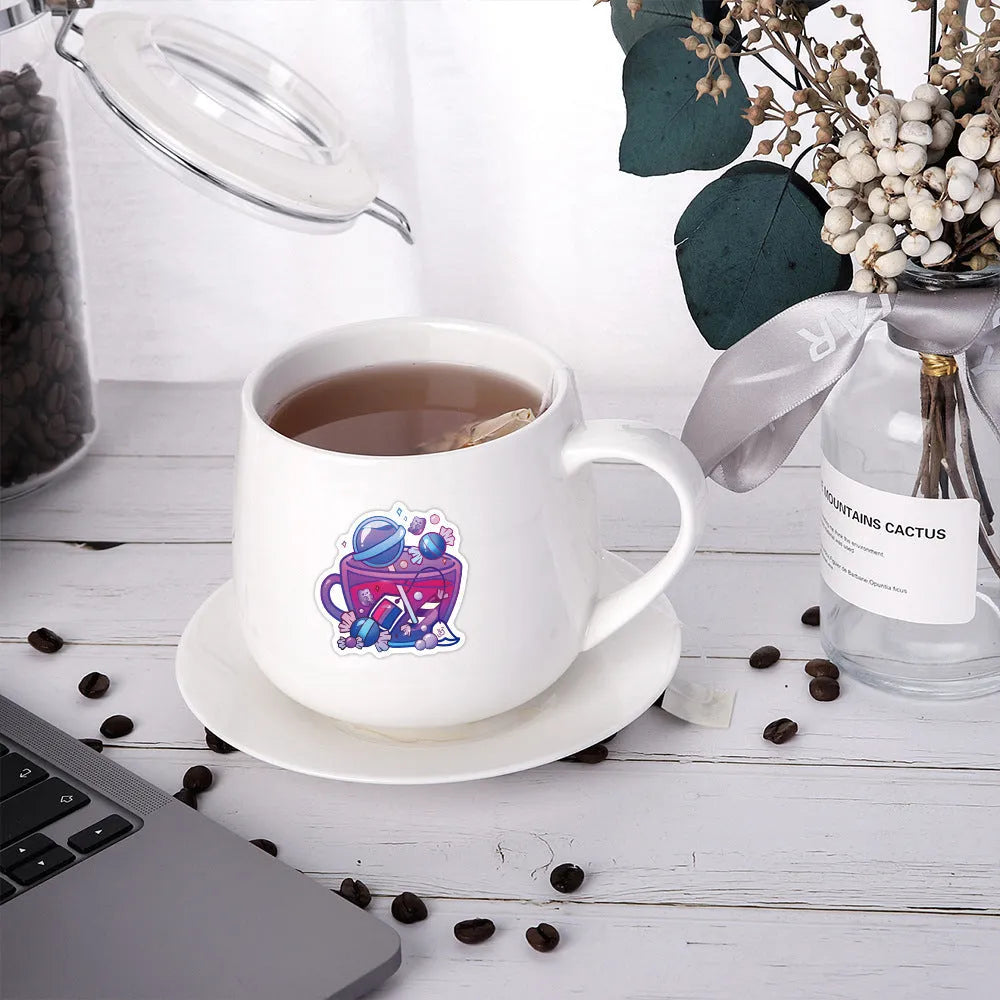 Colourful tea cup graffiti design waterproof stickers in a pack of 50 for DIY decoration.