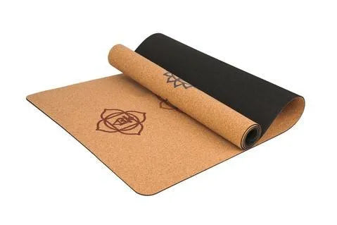 7 Chakra cork yoga mat, 183x68cm, with cork top and TPE or rubber base, rolled out on floor