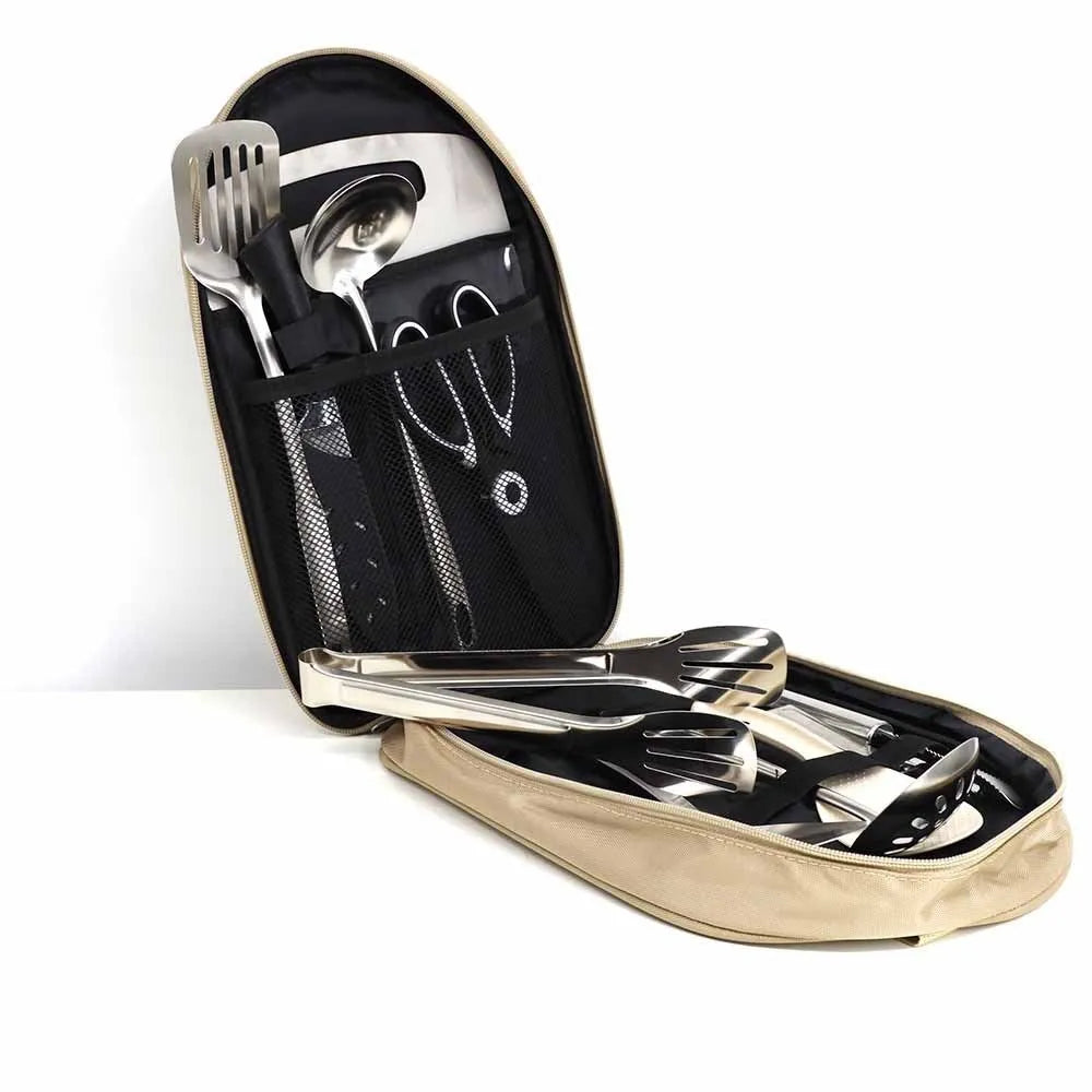 Portable khaki bag containing a 12-piece stainless steel picnic kitchenware set for outdoor dining.