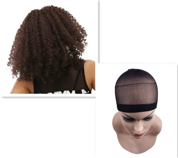 Short curly wig, 16 inch, 200g, high temperature fibre, Rose intranet cap, shown in Black, Brown, Gold, and Red wine.