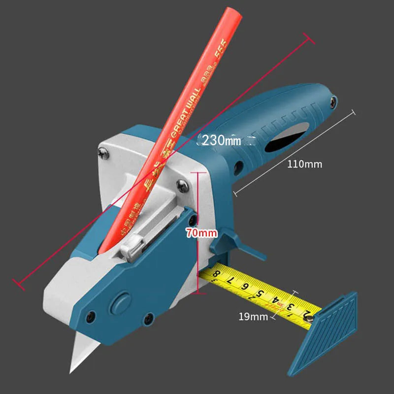 Blue aluminium alloy woodworking cutter with TPR plastic handle and measurement scale.