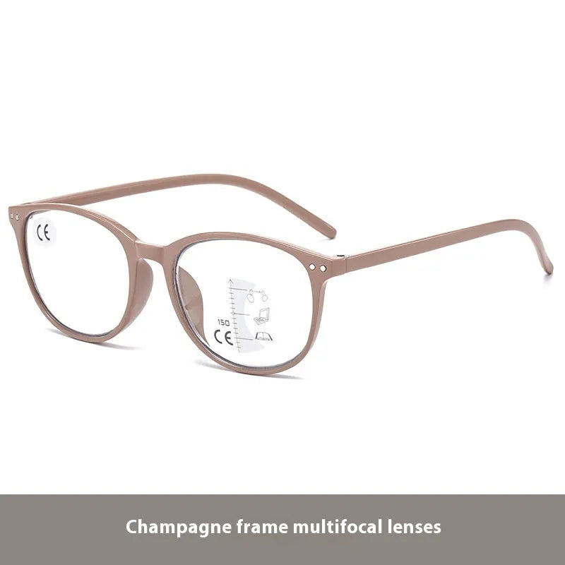 A pair of women's ultra-light presbyopic glasses with metal frames and multi-focus lenses on a table.