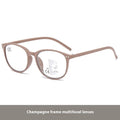 A pair of women's ultra-light presbyopic glasses with metal frames and multi-focus lenses on a table.