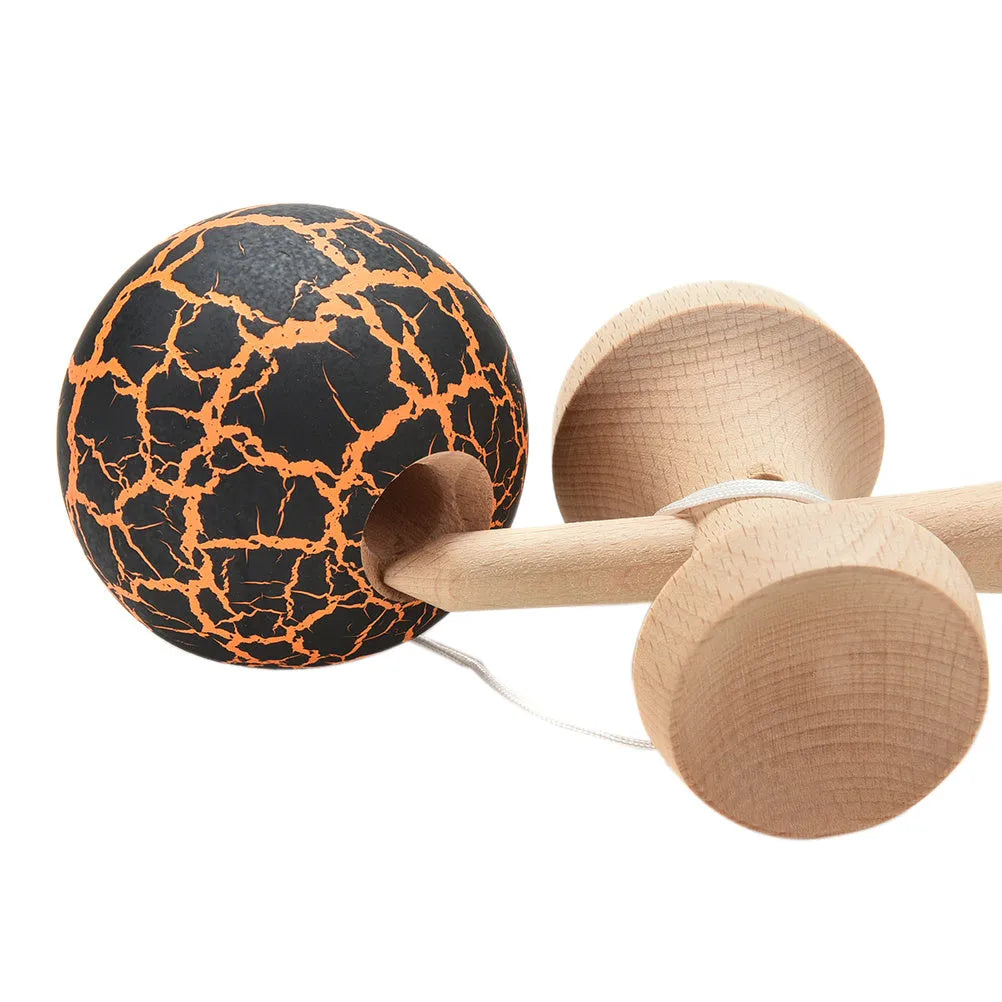 Bamboo kendama toy with crack pattern, 18.5cm wooden handle, 5.5cm ball, and seven colour options