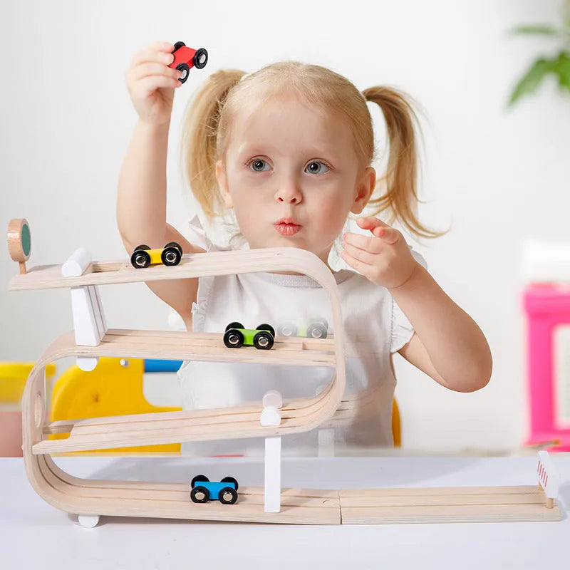 Wooden rapid gliding car toy for children, 0.7kg educational wooden toy in a colour box.