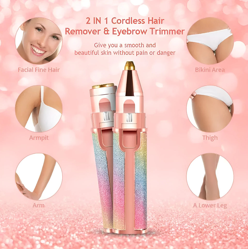 Lipstick shape electric eyebrow trimmer with gold plated head in Rainbow or Starry Sky colour, 2.5 x 2.5 x 12.5 cm.