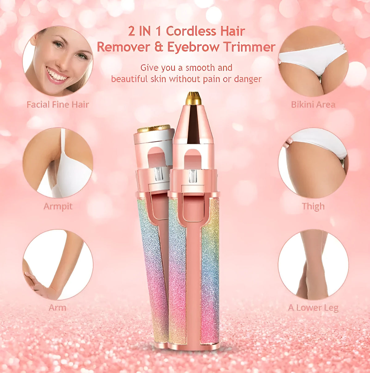 Lipstick shape electric eyebrow trimmer with gold plated head in Rainbow or Starry Sky colour, 2.5 x 2.5 x 12.5 cm.