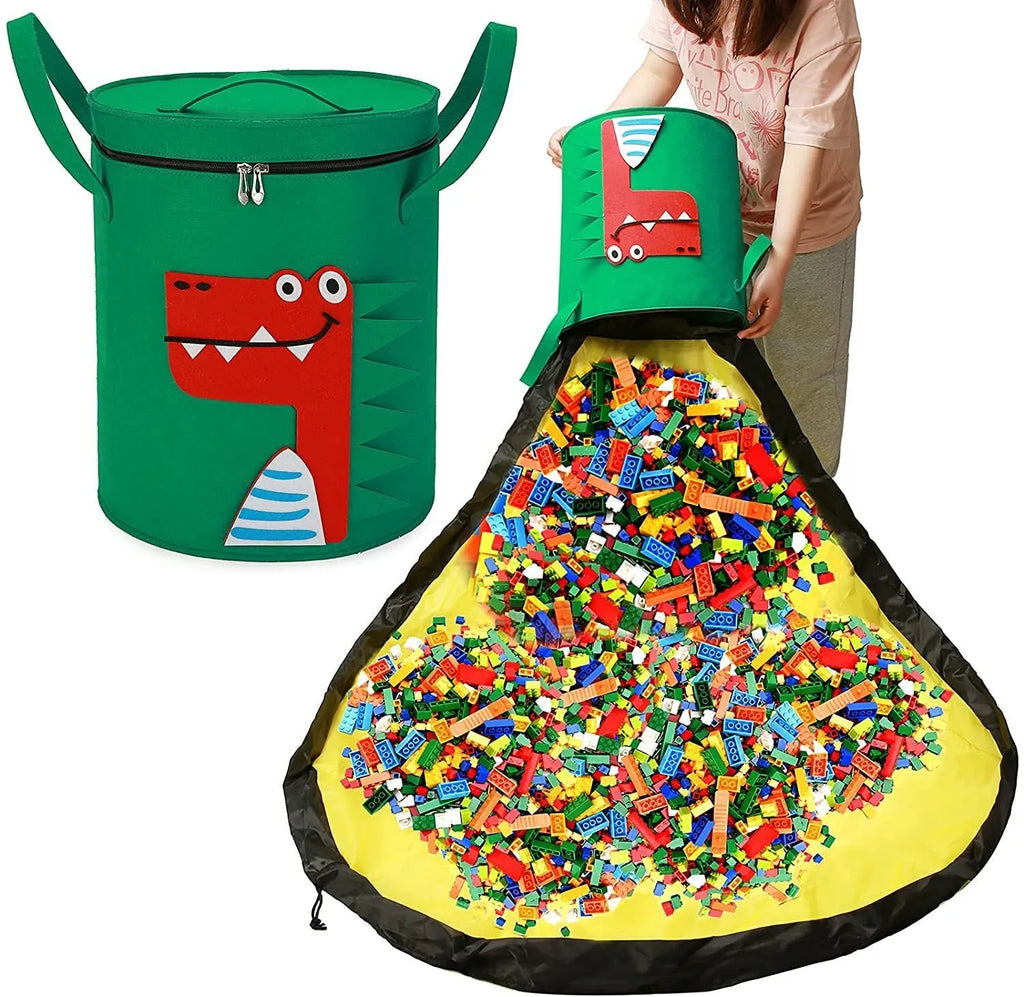 Green felt storage bag with pull rope that converts to toy play mat