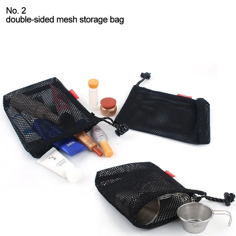 Red outdoor travel storage bag set containing five Oxford cloth and mesh organisers with zipper closures