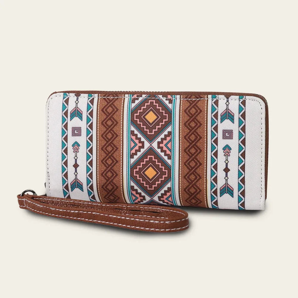 Bohemian stripe pattern RFID wallet in multiple colours showing 20x10x2cm dimensions