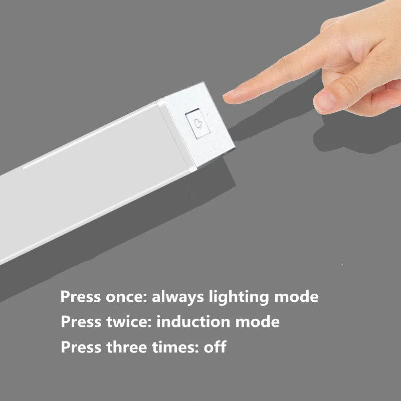 Aluminium LED closet light with magnetic back, shown illuminating a wardrobe interior.