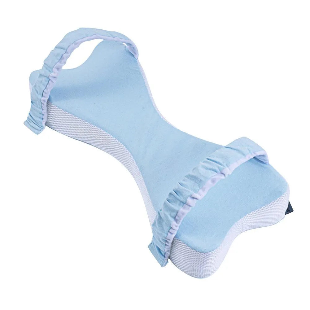 Memory cotton side sleeping knee pillow in light grey on a bed, 70x37x9cm with adjustable core height