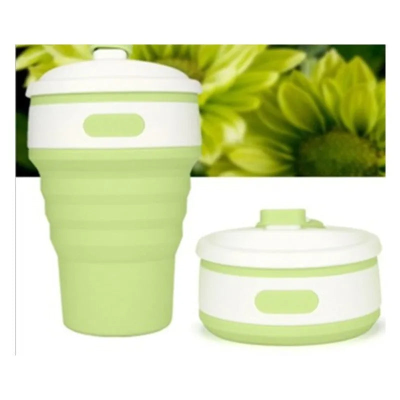 Collapsible silicone travel cup shown expanded and folded with leak-proof cover