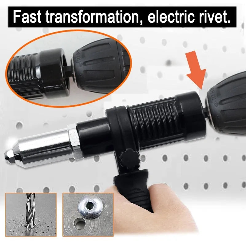 Black metal electric drill rivet gun attachment measuring 173mm with hardened three-jaw chuck and included handle, wrench, and rivet heads
