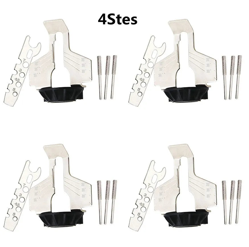 Electric grinding chain sharpening accessory set with high speed steel attachment, polishing tools, and ruler