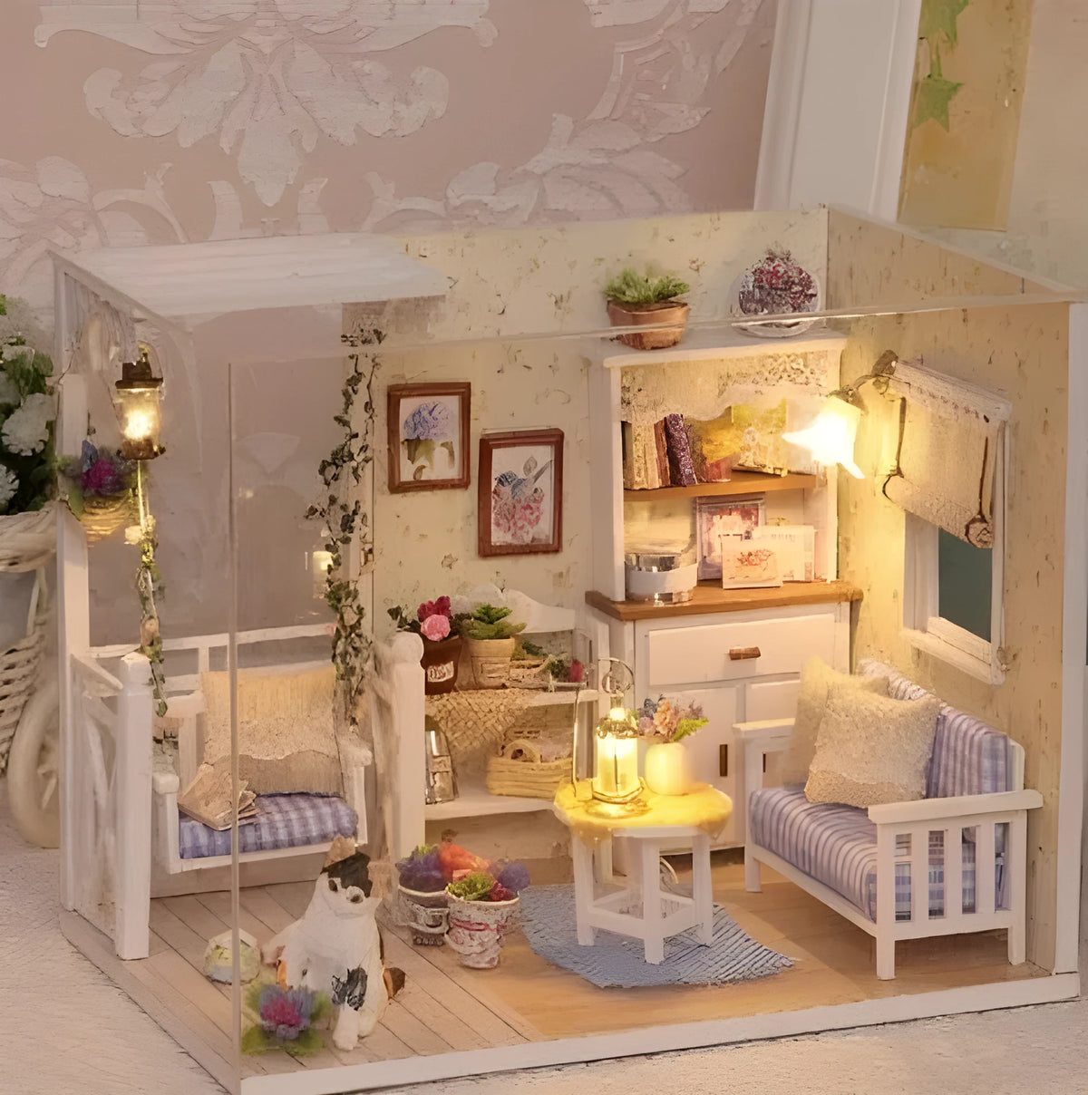 Wooden DIY miniature doll house kit with furniture pieces, available in style A and B.