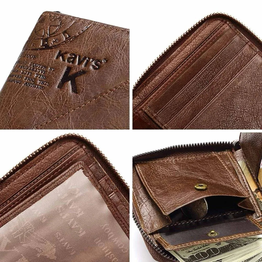 Soft genuine leather men's wallet with zipper closure showing internal compartments in coffee colour