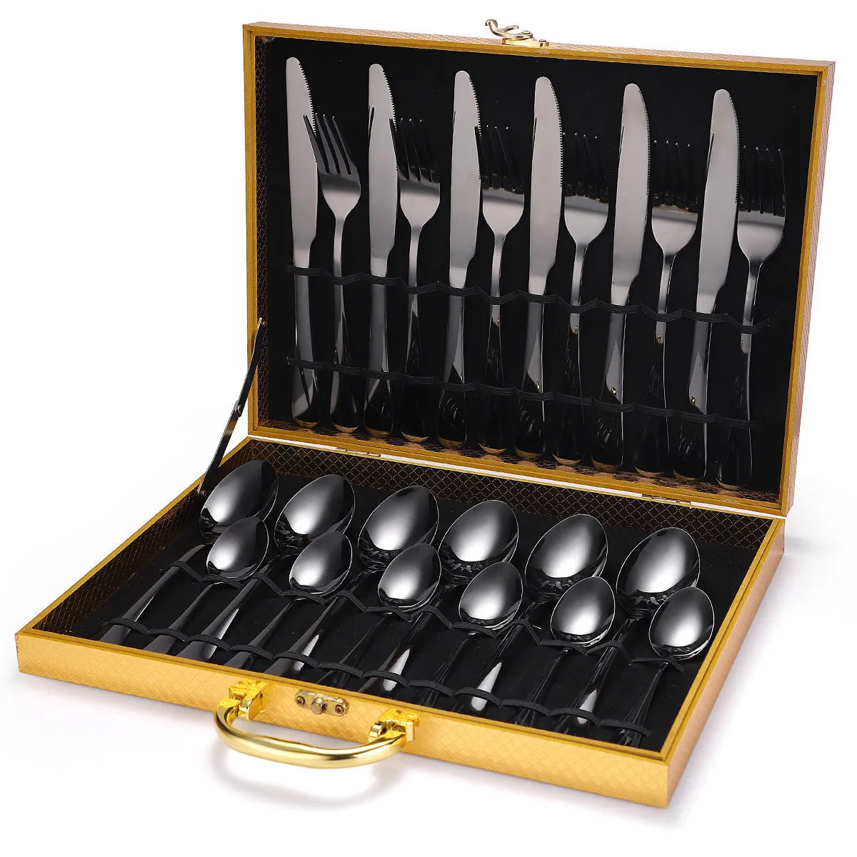 24 piece 18/10 stainless steel cutlery set in Silver style with wood storage box