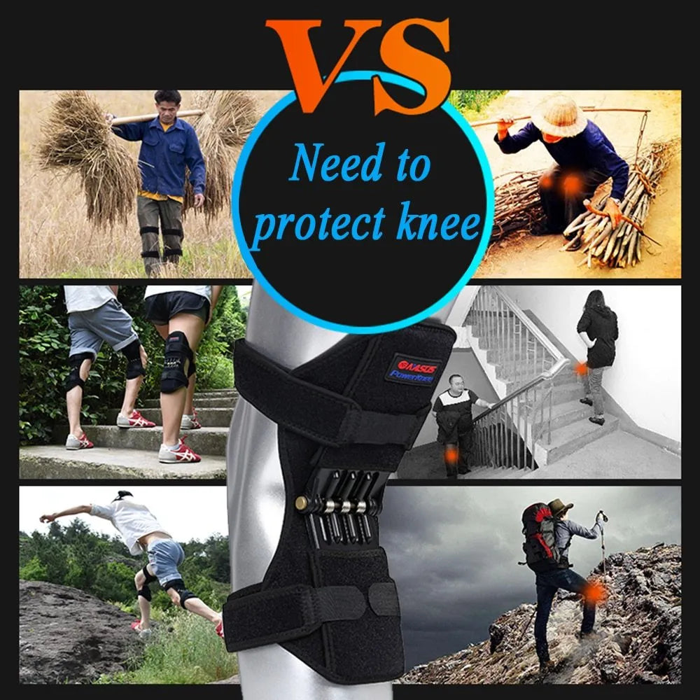 Adjustable spring knee brace support for mountaineering and squat sports, shown in black.
