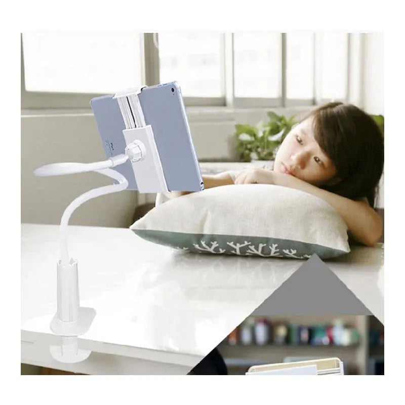 Black flexible tablet mount holder with bendable arm and suction base shown holding a smartphone
