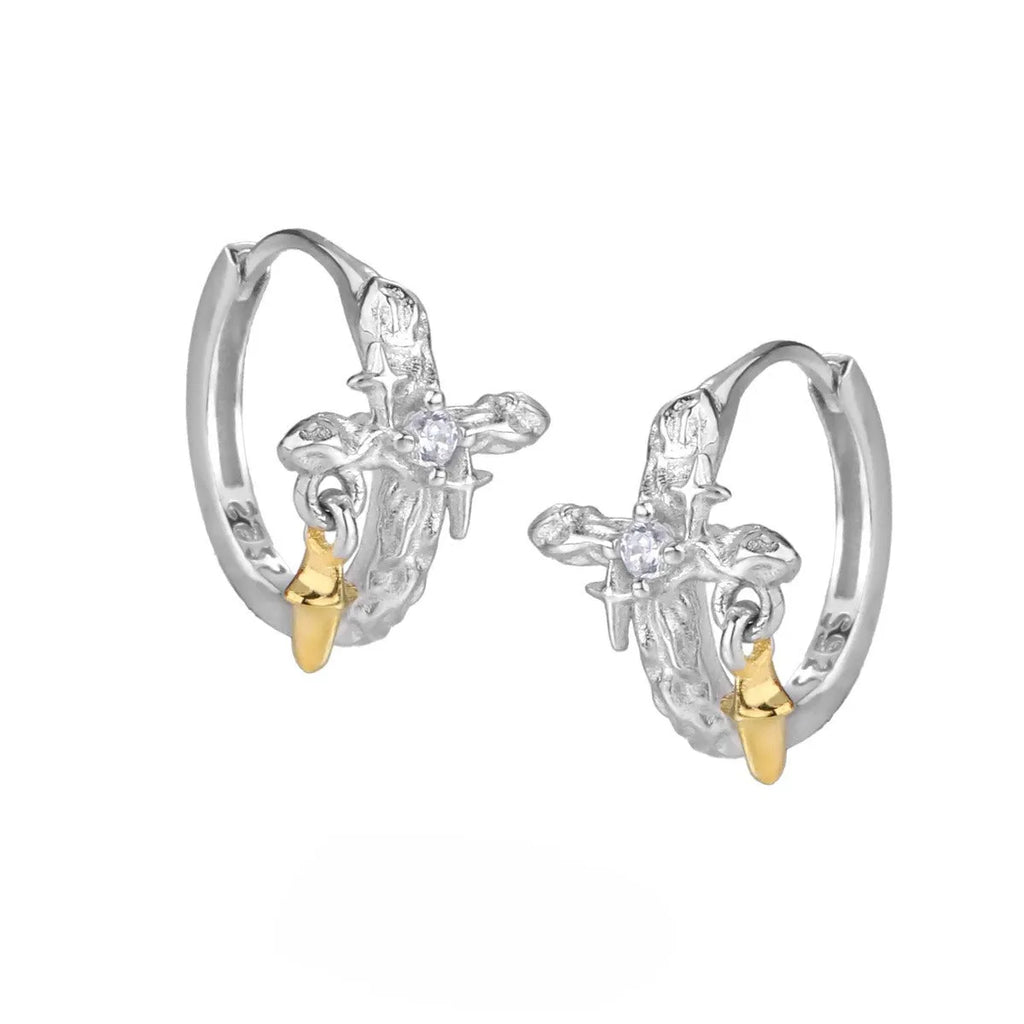 XINGX cross earrings in 925 silver with white gold electroplated finish and geometric round design