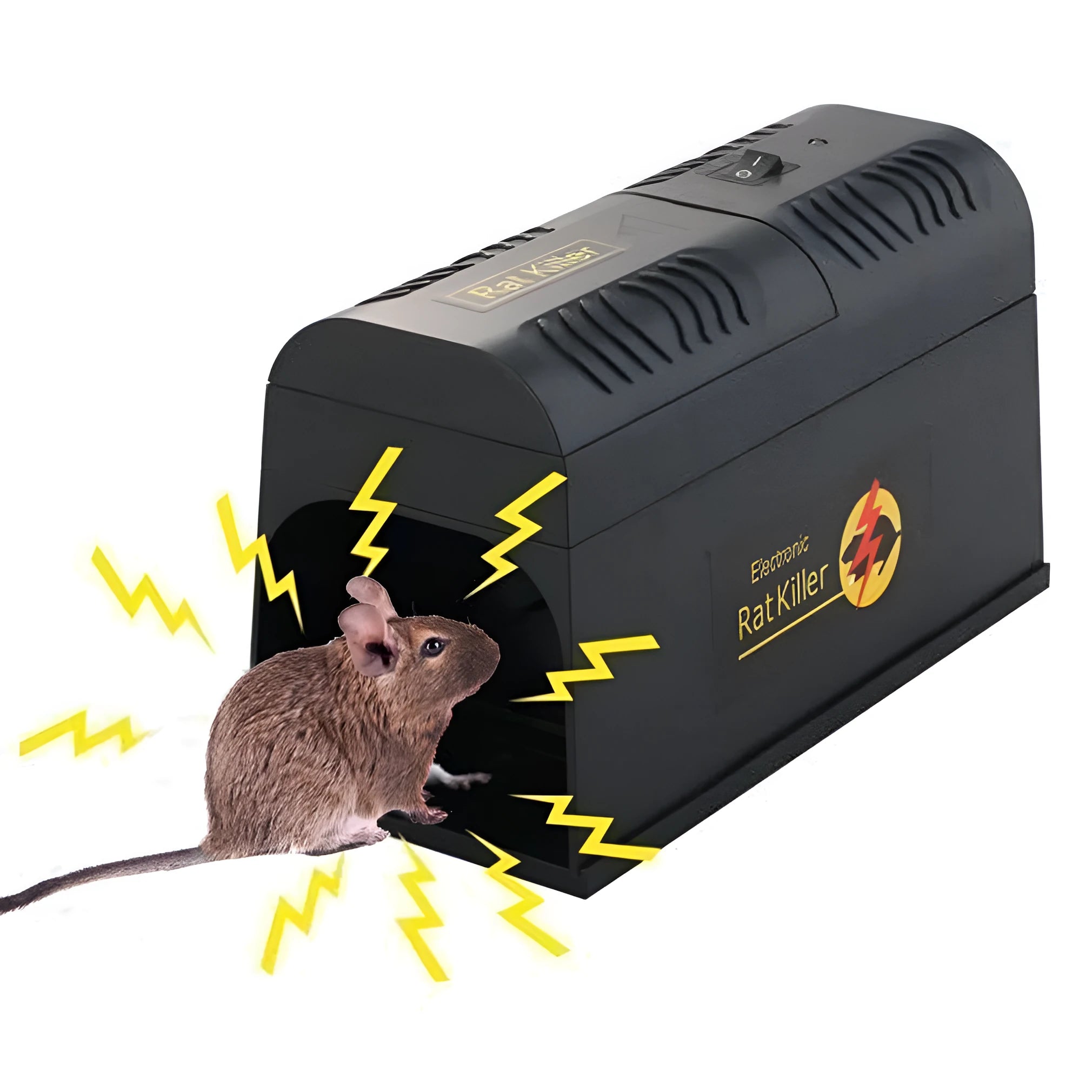 Black electronic rodent killer device measuring 208x115x75mm with high voltage trigger for pest control