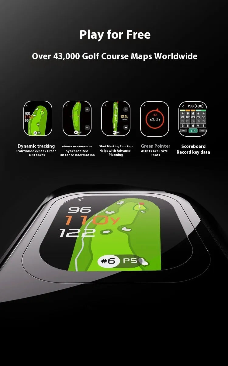 Black GenePro G1 GPS rangefinder with AMOLED screen showing distance measurement display.