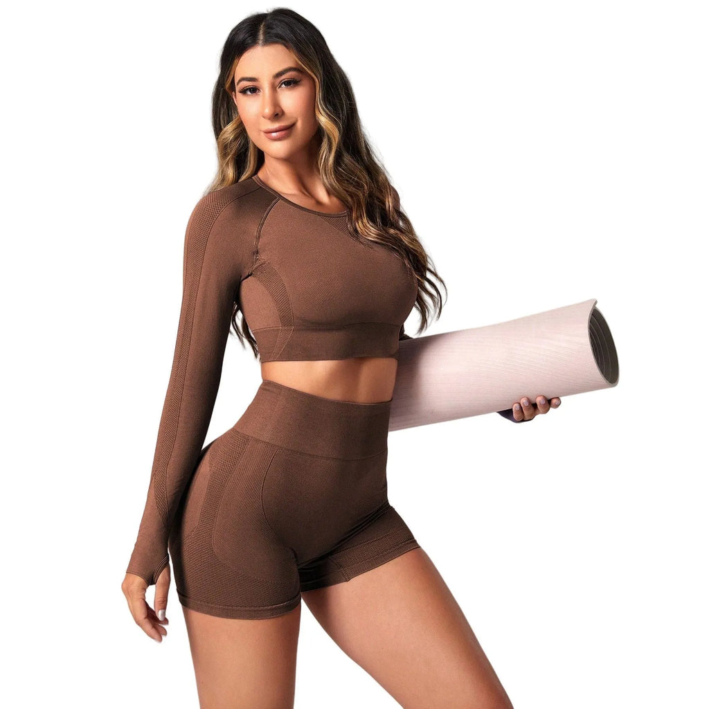 Women's yoga clothes suit set showing high waist leggings and long sleeve pullover top