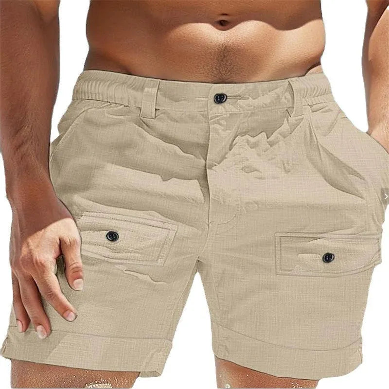 Men's straight leg linen shorts in white with elastic waistband and button pockets.