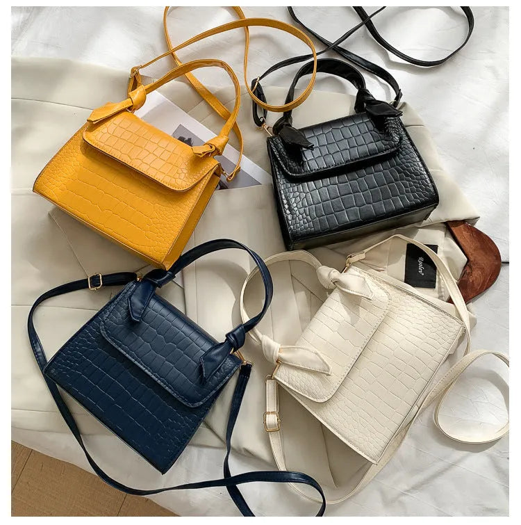 Small square retro armpit bag in PU with stone pattern, magnetic buckle, 120cm strap, Black Blue White Yellow
