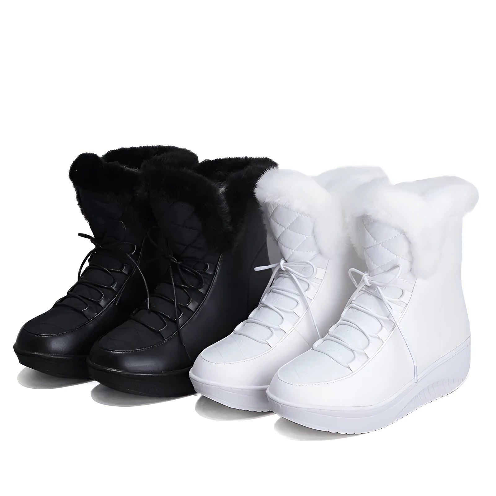 Black women's winter boots with lace-up closure, water-resistant PU leather upper, and plush lining.