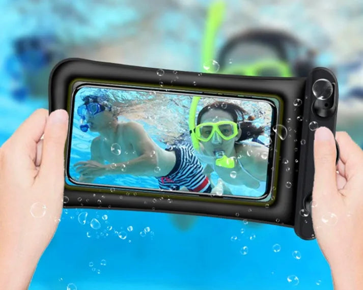 Orange waterproof phone pouch with double airbag design and a black adjustable neck rope.