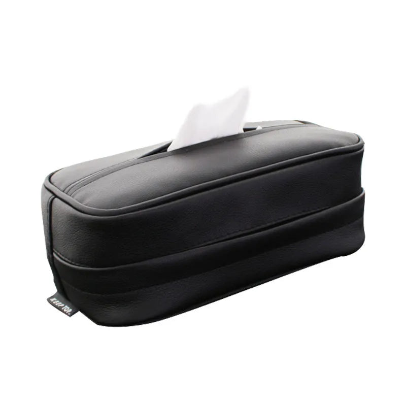 Black PU leather hanging storage box for car organisation, shown with dimensions.