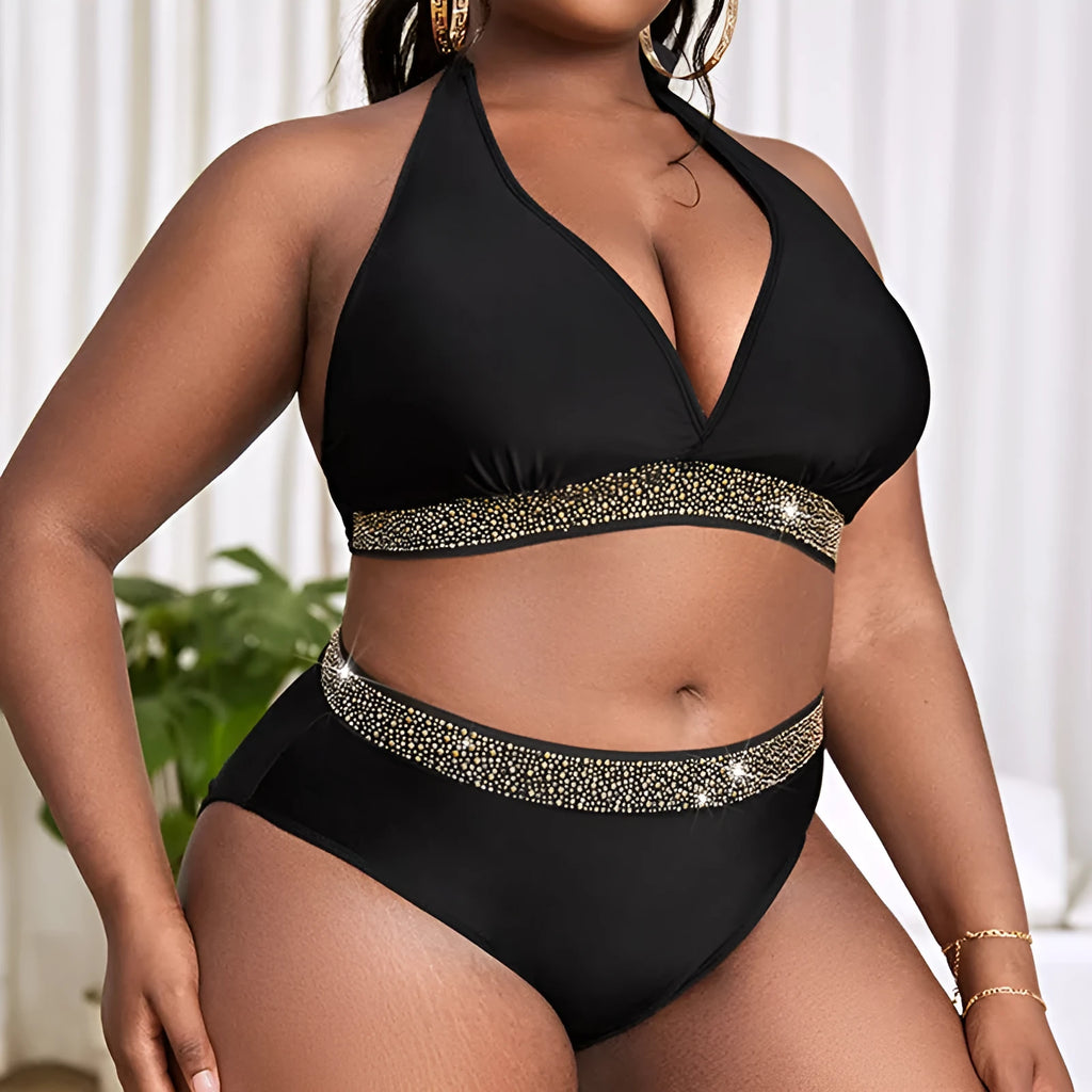 Black plus size women's swimsuit bikini with bra top and shorts